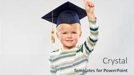  Presentation with school board - Presentation enhanced with elementary school preschool education and childhood concept - portrait of smiling little boy in mortar board over grey background background and a white colored foreground