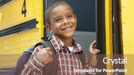  Presentation with school bus - Presentation consisting of elementary school pupil boarding bus background and a violet colored foreground