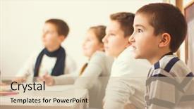  Presentation with school elementary - Colorful slide set enhanced with elementary school pupils in classroom backdrop and a soft green colored foreground