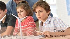  Presentation with renewable energy - Slide set having elementary school pupils learning about renewable energy background and a coral colored foreground