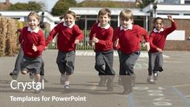  Presentation with elementary school - Slide set featuring elementary school pupils running background and a gray colored foreground
