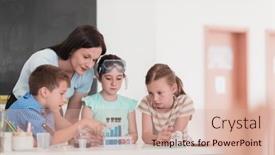  Presentation with elementary children - PPT theme featuring elementary-school-science-classroom-enthusiastic background and a soft green colored foreground