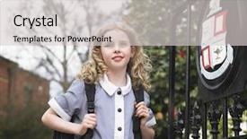  Presentation with school gate - PPT theme featuring elementary schoolgirl standing by school background and a  colored foreground
