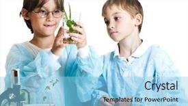  Presentation with biochemistry - Slides featuring elementary science - two little boys doing biochemistry background and a light blue colored foreground