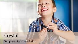  Presentation with students - PPT theme featuring elementary students - little boy with pencil laughing background and a  colored foreground