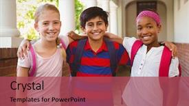  Presentation with kids in school - PPT theme featuring elementary students - portrait of smiling little school background and a  colored foreground