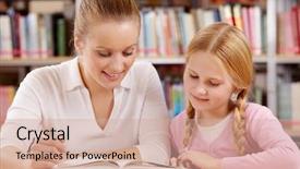  Presentation with teacher - Presentation theme having elementary study - portrait of schoolgirl and teacher background and a coral colored foreground