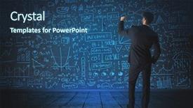  Presentation with glass - Beautiful slides featuring elements cost - businessman drawing business schemes backdrop and a  colored foreground