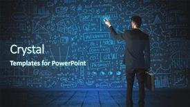  Presentation with glass - Amazing PPT theme having elements cost - businessman drawing business schemes backdrop and a  colored foreground