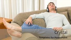  Presentation with music headphones - Amazing slide deck having eletronics - young man feeling relaxed while backdrop and a coral colored foreground
