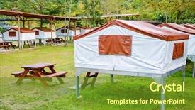  Presentation with stationary - Audience pleasing theme consisting of elevated stationary tents on metal backdrop and a tawny brown colored foreground
