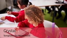  Presentation with school computer labs - Presentation theme consisting of elevated view of young schoolgirl background and a red colored foreground