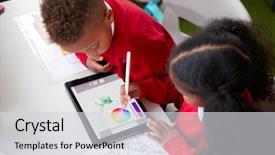  Presentation with school computer labs - Cool new slide deck with elevated view of two kindergarten backdrop and a light gray colored foreground