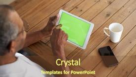  Presentation with black senior citizen - Presentation design consisting of table using tablet computer elevate background and a tawny brown colored foreground