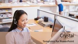  Presentation with working - Amazing slide deck having customer relations - smiling asian woman working backdrop and a coral colored foreground