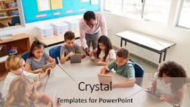  Presentation with tablets wood table tablet white - Colorful slide deck enhanced with using tablets in lesson elevate backdrop and a mint green colored foreground