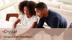  Presentation with black girl sexy fashionable mulatto - Colorful presentation theme enhanced with looking at computer screen elevate backdrop and a coral colored foreground