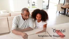  Presentation with black girl - PPT theme featuring laptop computer at home elevate background and a coral colored foreground