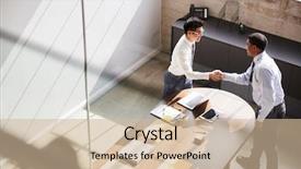  Presentation with shaking hands - Audience pleasing slide set consisting of shaking hands in office elevate backdrop and a light gray colored foreground