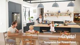  Presentation with busy - PPT layouts enhanced with busy in their kitchen elevate background and a coral colored foreground