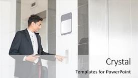  Presentation with open door - Cool new slide deck with elevator button waiting door backdrop and a white colored foreground