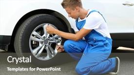  Presentation with auto auction - Slide deck featuring elevator maintenance - auto mechanic changing wheel background and a gray colored foreground