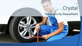  Presentation with auto - PPT layouts having elevator maintenance - auto mechanic changing wheel background and a sky blue colored foreground