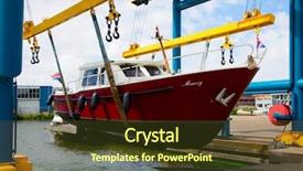  Presentation with port cargo crane ship - PPT theme featuring elevator maintenance - boat crane lifting a motorboat background and a tawny brown colored foreground
