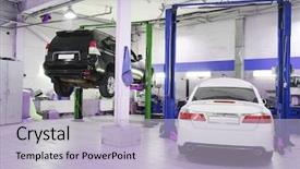  Presentation with elevator - Cool new PPT theme with elevator maintenance - cars in a dealer repair backdrop and a light blue colored foreground