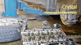  Presentation with cylinder head - Slide set with elevator maintenance - engine cylinder head and car background and a violet colored foreground