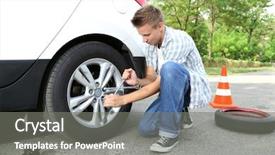  Presentation with driver - Slide set featuring elevator maintenance - man driver having trouble background and a  colored foreground