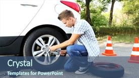  Presentation with driver - Cool new theme with elevator maintenance - man driver having trouble backdrop and a ocean colored foreground