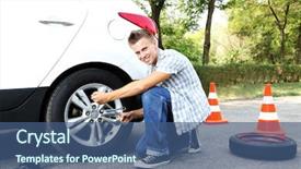  Presentation with road safety drive - Beautiful PPT layouts featuring elevator maintenance - man driver having trouble backdrop and a  colored foreground