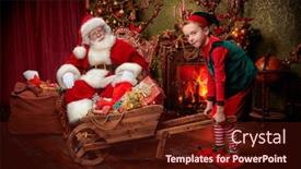  Presentation with christmas elf - Amazing PPT theme having elf-boy-helps-santa-claus backdrop and a wine colored foreground