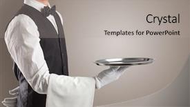  Presentation with waiter hand in white glove - Theme featuring elite - waiter serving with white gloves background and a light gray colored foreground