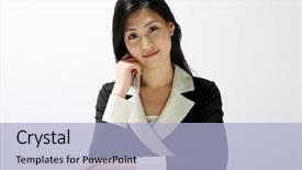  Presentation with formal - Slide deck consisting of elite college - formal dress asian woman background and a light blue colored foreground