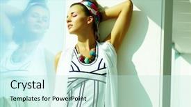  Presentation with clothing wooden clothes hanger object - PPT layouts consisting of ell - beautiful woman in glamorous clothes background and a sky blue colored foreground