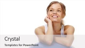  Presentation with cheerful - Slide deck featuring ell - portrait of a cheerful girl background and a light gray colored foreground