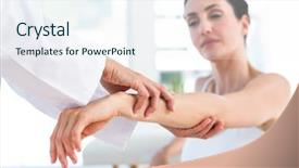  Presentation with doctor and patient medical consultation - Presentation design consisting of ellbow - doctor examining her patients elbow background and a cool aqua colored foreground
