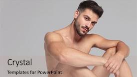  Presentation with electronics labb man - Slide deck with ellbow - seated sexy naked man background and a coral colored foreground