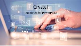  Presentation with tech - Colorful PPT layouts enhanced with keys database - hand typing on keyboard backdrop and a light blue colored foreground