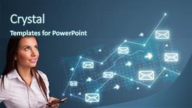  Presentation with cutout paper people standing around globe holding hands - PPT theme featuring email newsletters - attractive young lady standing background and a ocean colored foreground