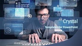  Presentation with computer hacker - Cool new slides with email scanning - confident young hacker working hard backdrop and a  colored foreground