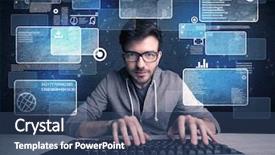  Presentation with computer hacker - Slide deck enhanced with email scanning - confident young hacker working hard background and a ocean colored foreground