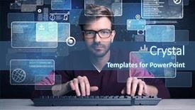  Presentation with computer hacker - Cool new presentation with email scanning - confident young hacker working hard backdrop and a ocean colored foreground