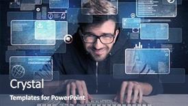  Presentation with computer hacker - Cool new presentation theme with email scanning - confident young hacker working hard backdrop and a ocean colored foreground