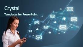  Presentation with cutout paper people standing around globe holding hands - Cool new PPT theme with email spamming - attractive young lady standing backdrop and a ocean colored foreground