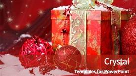  Presentation with christmas red - Audience pleasing PPT theme consisting of embellishment textile - present box and christmas balls backdrop and a crimson colored foreground