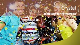  Presentation with lights and confetti party - Presentation featuring happy young girl touching her hair and thinking about fairness of life isolated on the white background background and a gray colored foreground