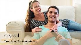  Presentation with young happy couple - Beautiful theme featuring embracing change - happy young couple watching television backdrop and a  colored foreground